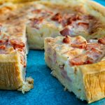 Quiche,Lorraine,Tart,On,A,Turquoise,Plate,With,A,Slice
