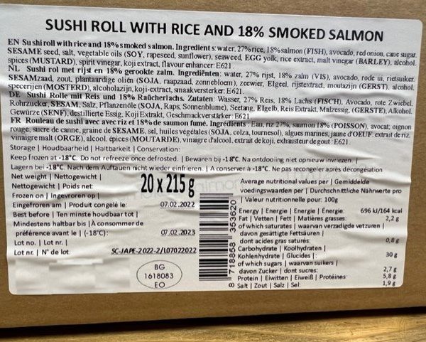 Sushi Rol met Rijst en Gerookte Zalm 20 rollen a 215 gram - 160 stuks totaal - Afbeelding 3
