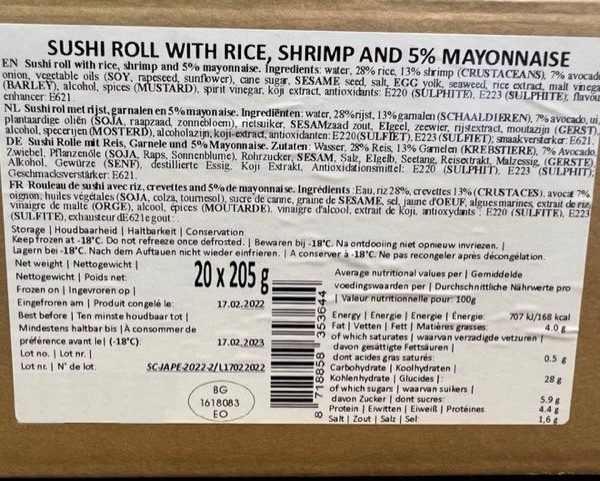 Sushi rol met rijst - garnalen en mayonaise 20 rollen a 205 gram- 160 stuks totaal 3 Sushi rol met rijst - garnalen en mayonaise 20 rollen a 205 gram- 160 stuks totaal - Afbeelding 3