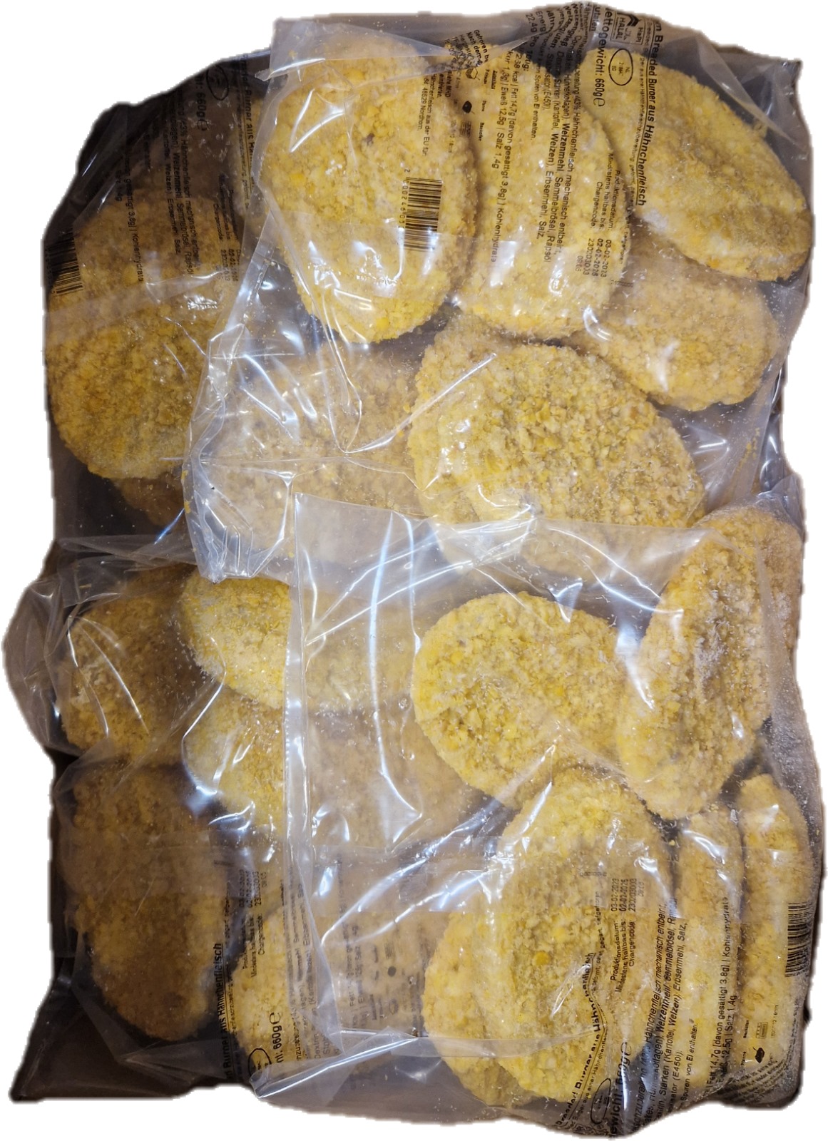 Gepaneerde Kipburger (Maïs kip) 9,24 kilo HALAL (14 zakken van 660 gram ca 72 schnitzels ) Gepaneerde Kipburger (Maïs kip) 9,24 kilo HALAL (14 zakken van 660 gram ca 72 schnitzels )