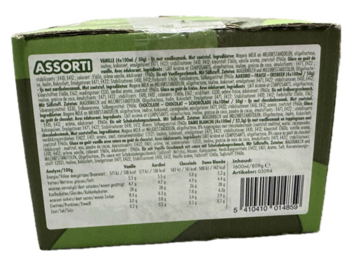 Suikervrij ijs mix doos 16 st.  Aardbei, vanille, chocolade en dame blanche   "de Diepvriesman"