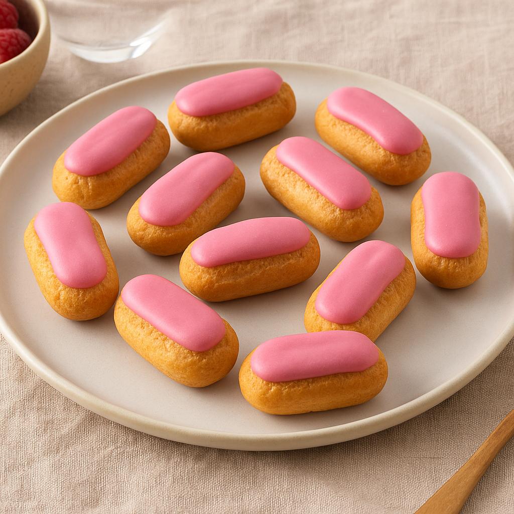 Mini Frambozen Éclairs – met roze topping en witte chocolade 16x12 stuks (192 stuks)