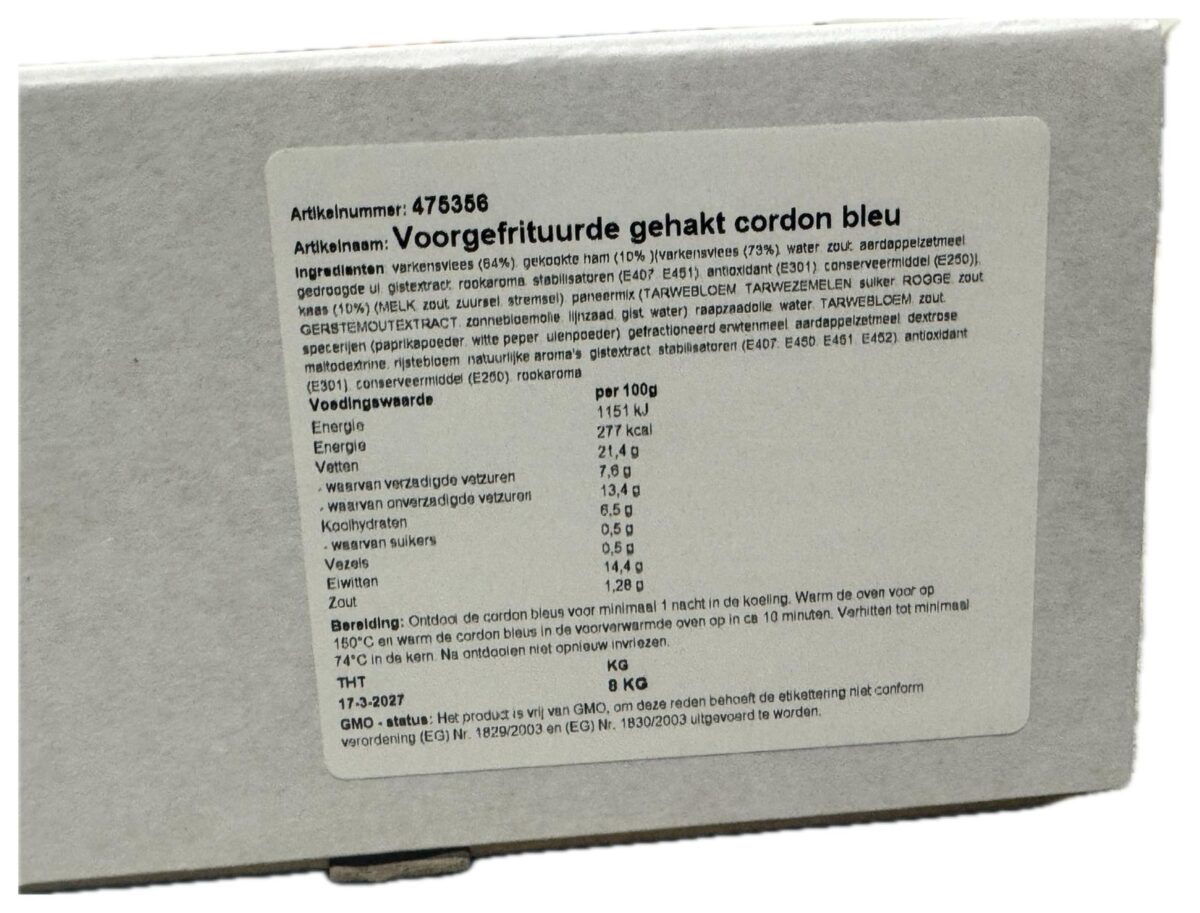 Cordonbleu voorgebakken 8 kg. Cordonbleu voorgebakken 8 kg.