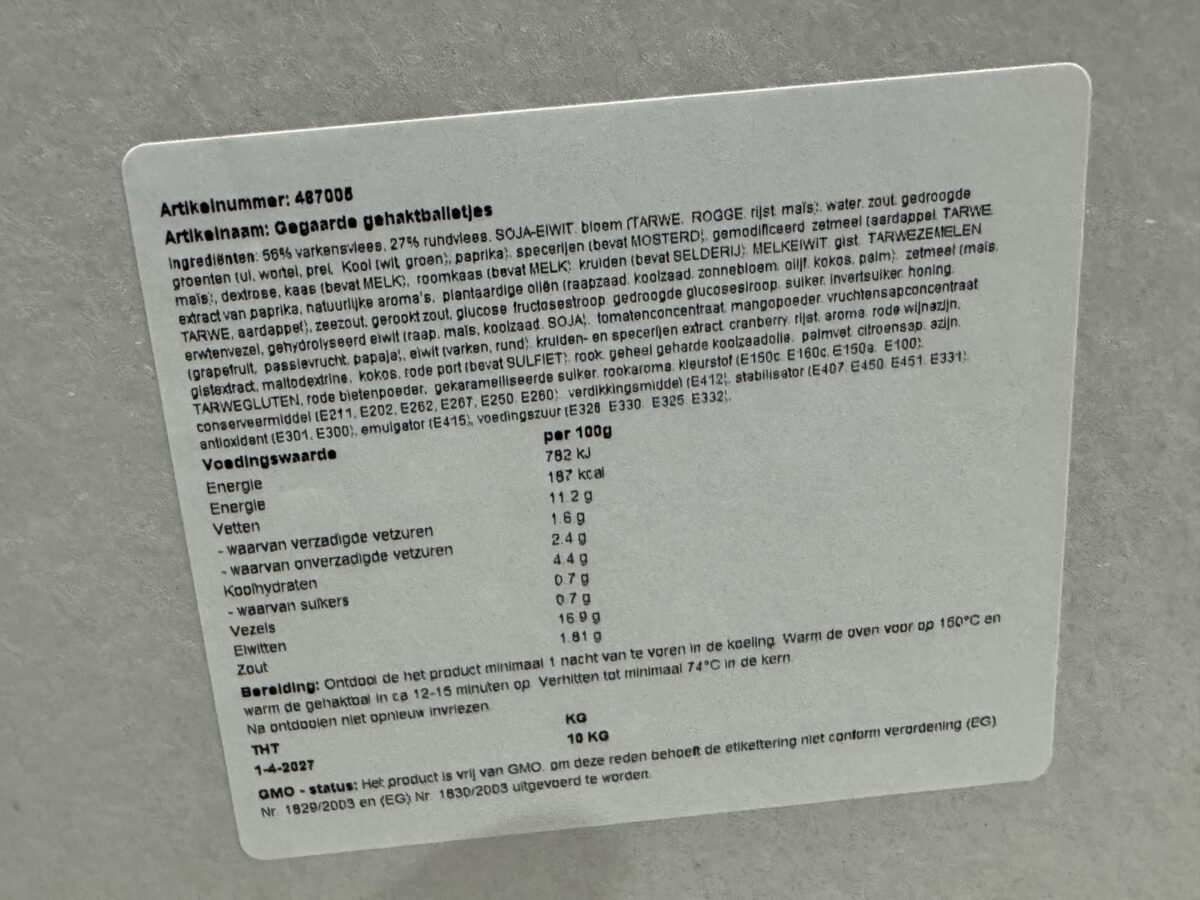 Gegaarde gehaktballetjes 10 kg.