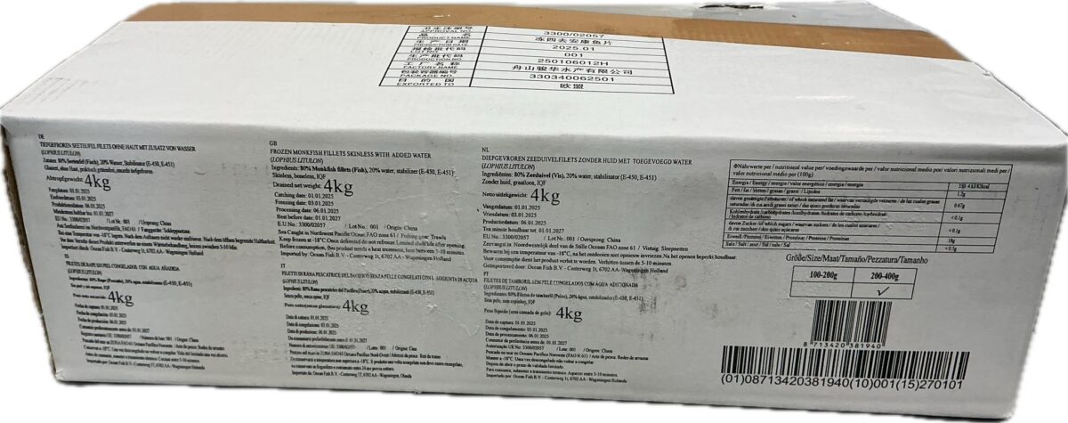 Zeeduivelfilets 5 kg. (vis) 80%, water 20% (losgevroren)