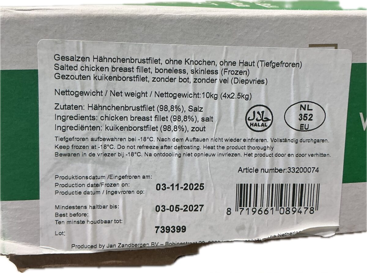 Kipfilet Halal Gepekeld 1,2% 4 x 2,5 kg