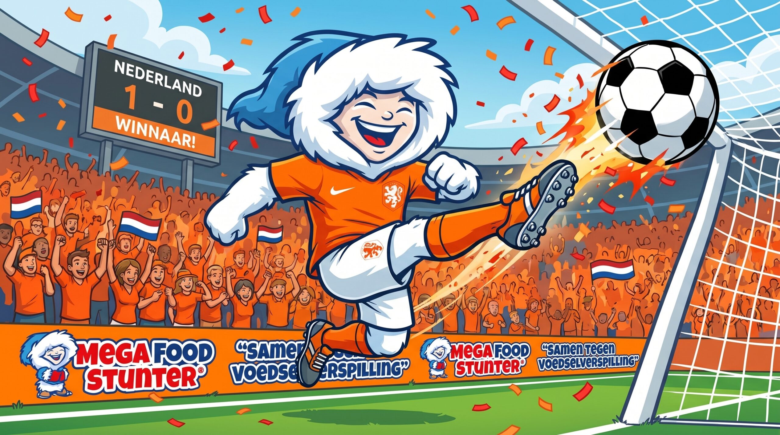 De Grote Oranje-Poule van MegaFoodStunter — onze mascotte scoort voor Nederland
