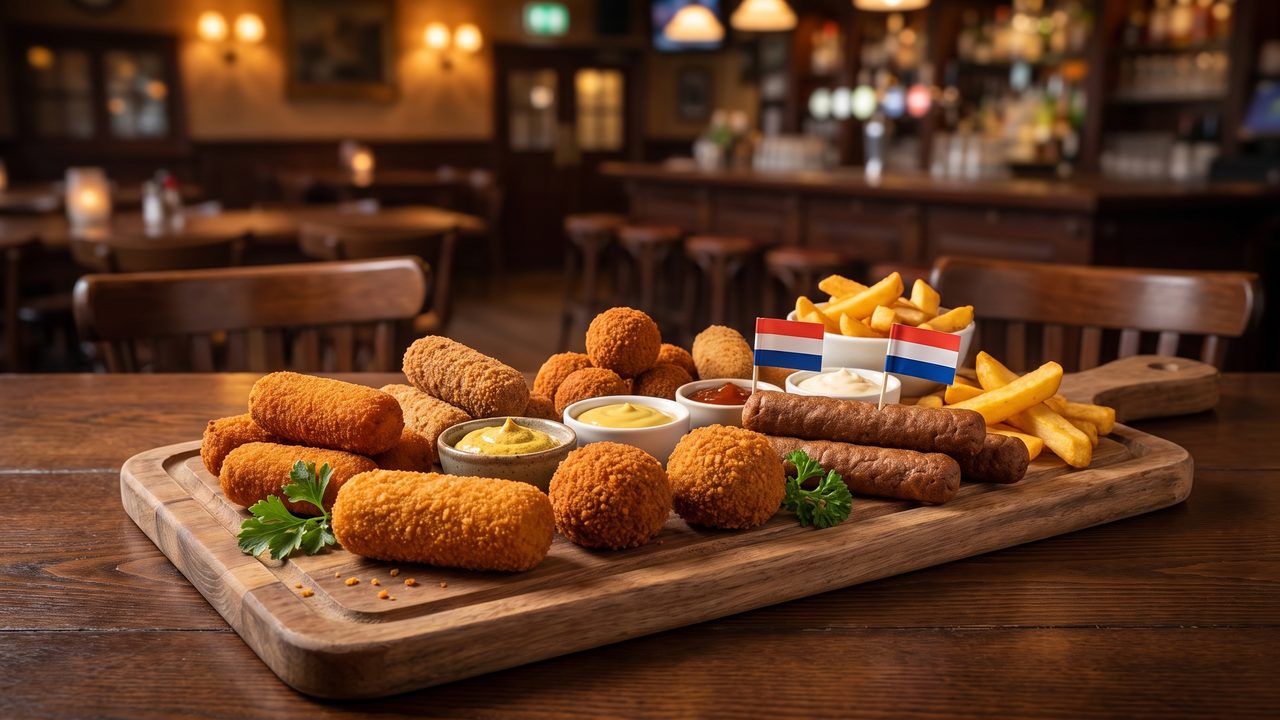 Plank met Hollandse snacks: kroketten, bitterballen, frikandellen en friet